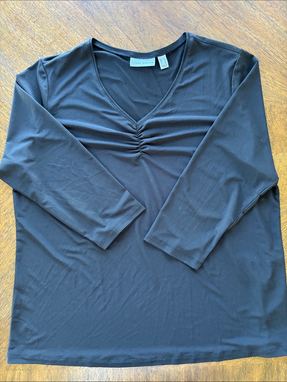 Susan Graver Black V-Neck Long Sleeve Shirt with Gathered Front
